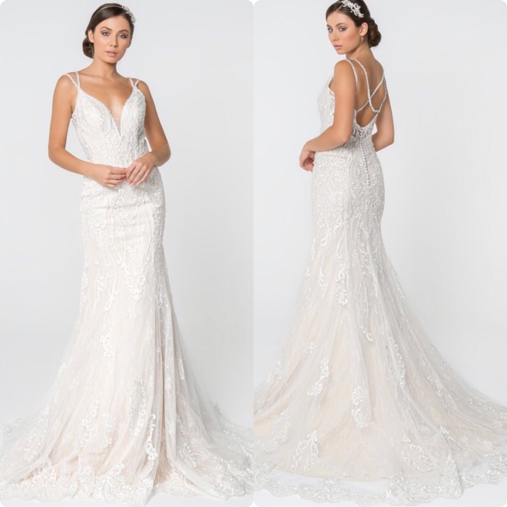 Ivory Lace Embellished Illusion Wedding Gown.